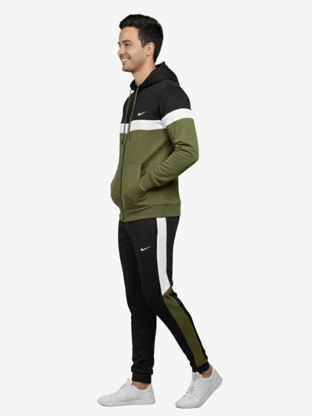 Olive, black, white Hoodie & Trouser - Three-Tone Winter Tracksuit