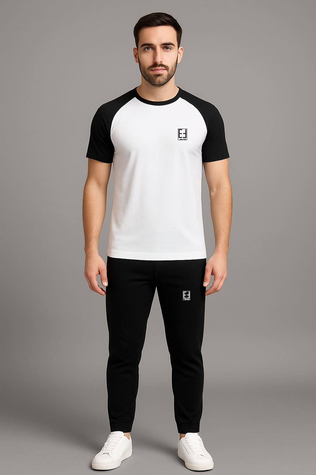 Classic Contrast Tracksuit – White Shirt with Black Sleeves & Trousers