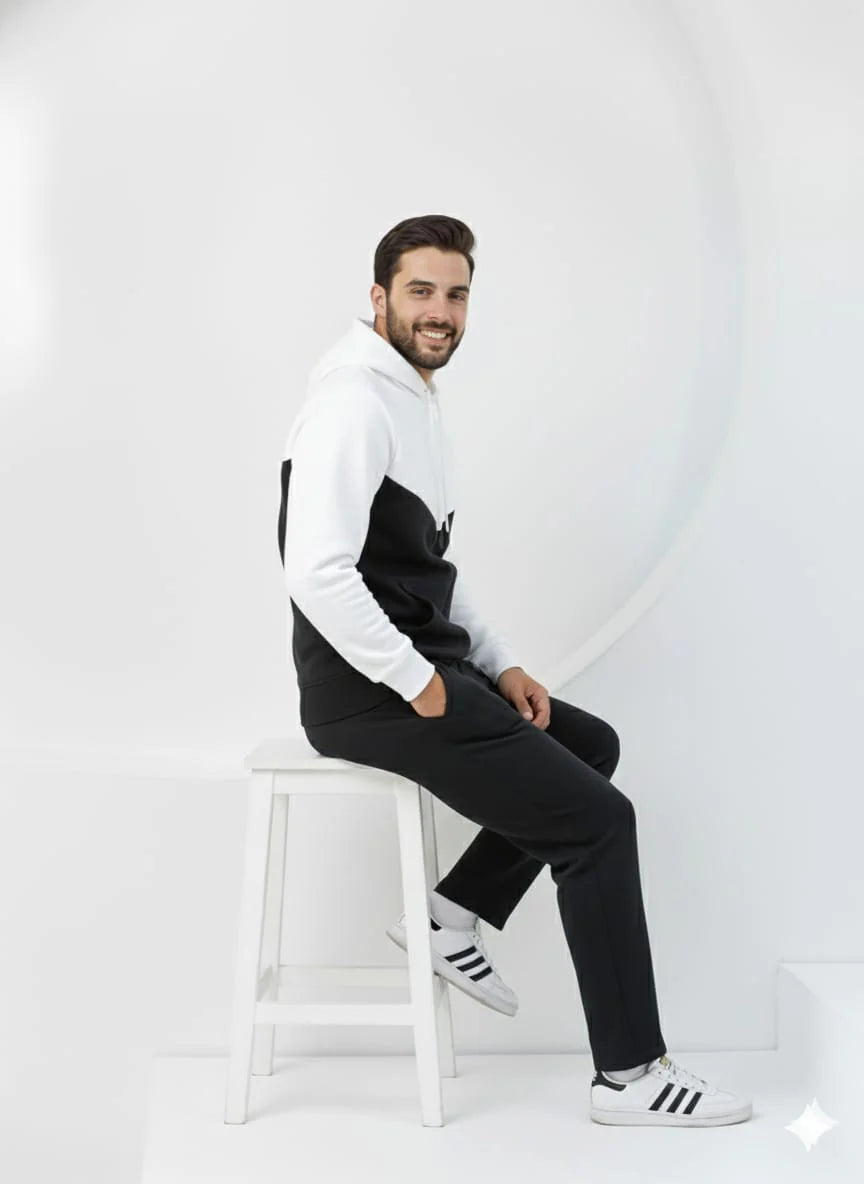Sporty Two-Tone White and Black ZipUp Upper - Premium Cotton Micro Fleece