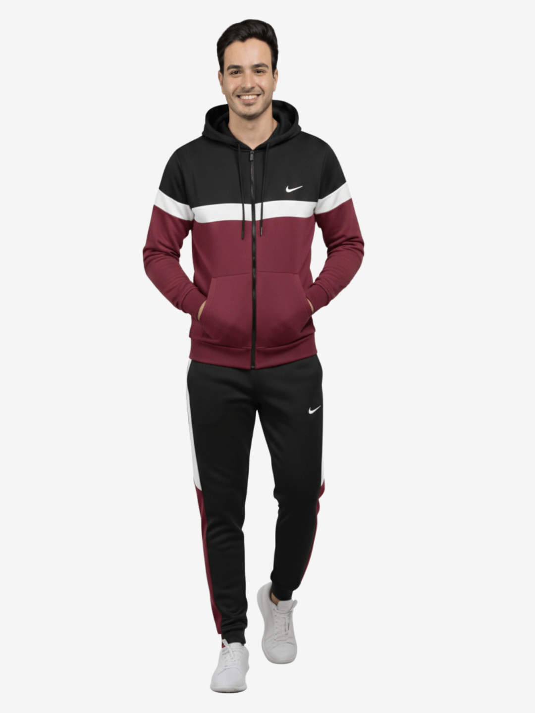 Maroon, black, white Hoodie & Trouser - Three-Tone Winter Tracksuit