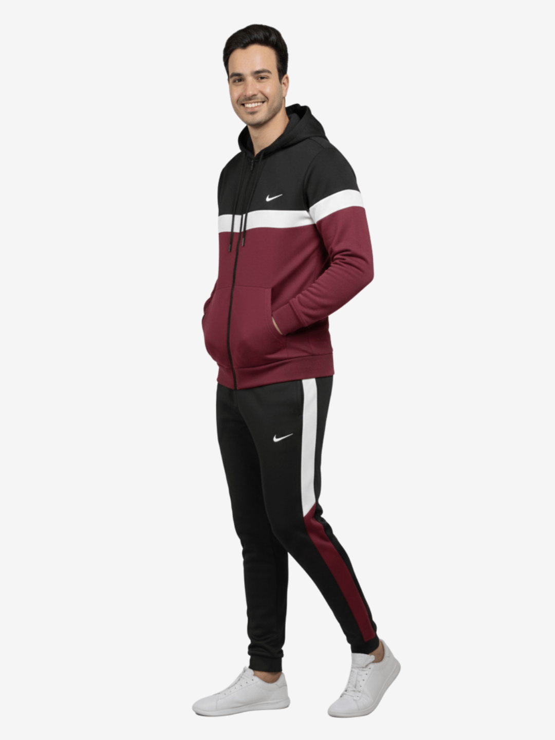 Maroon, black, white Hoodie & Trouser - Three-Tone Winter Tracksuit