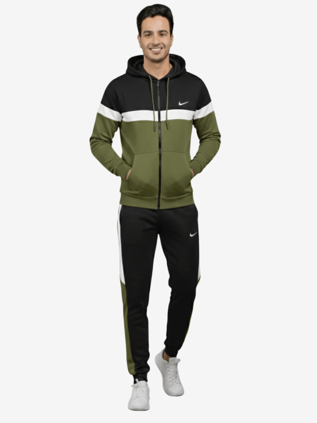 Olive, black, white Hoodie & Trouser - Three-Tone Winter Tracksuit