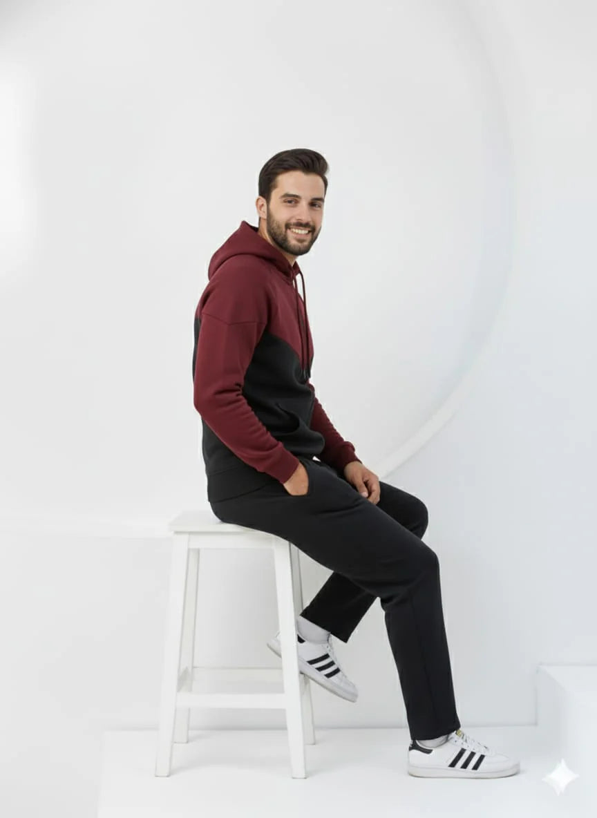 Sporty Two-Tone Maroon and Black ZipUp Upper - Premium Cotton Micro Fleece
